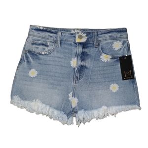Material Girl NWT Junior's Frayed Hem Sunflower Design Denim Short Shorts 899